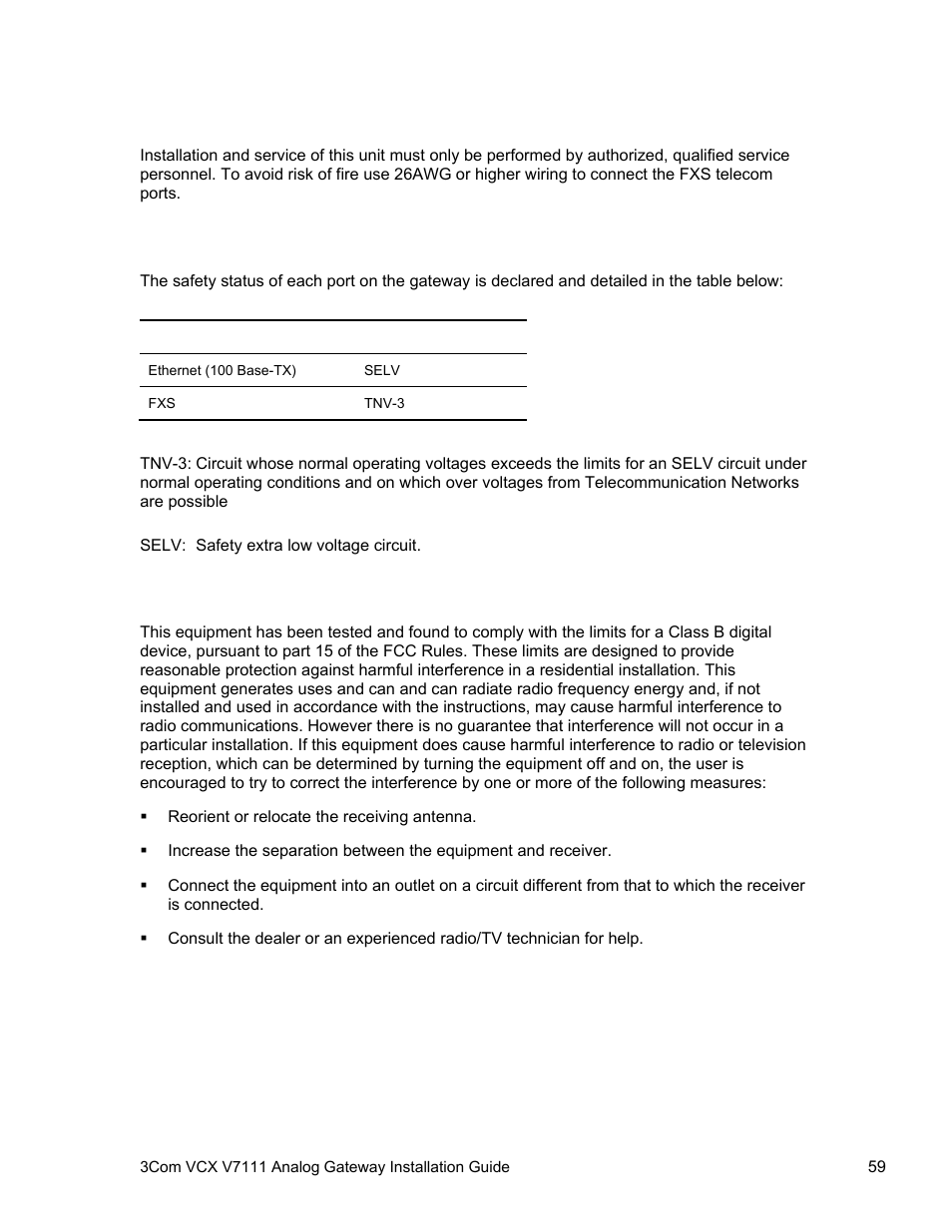 Safety notice, Telecommunication safety, Fcc statement | 3Com V7111 User Manual | Page 59 / 71