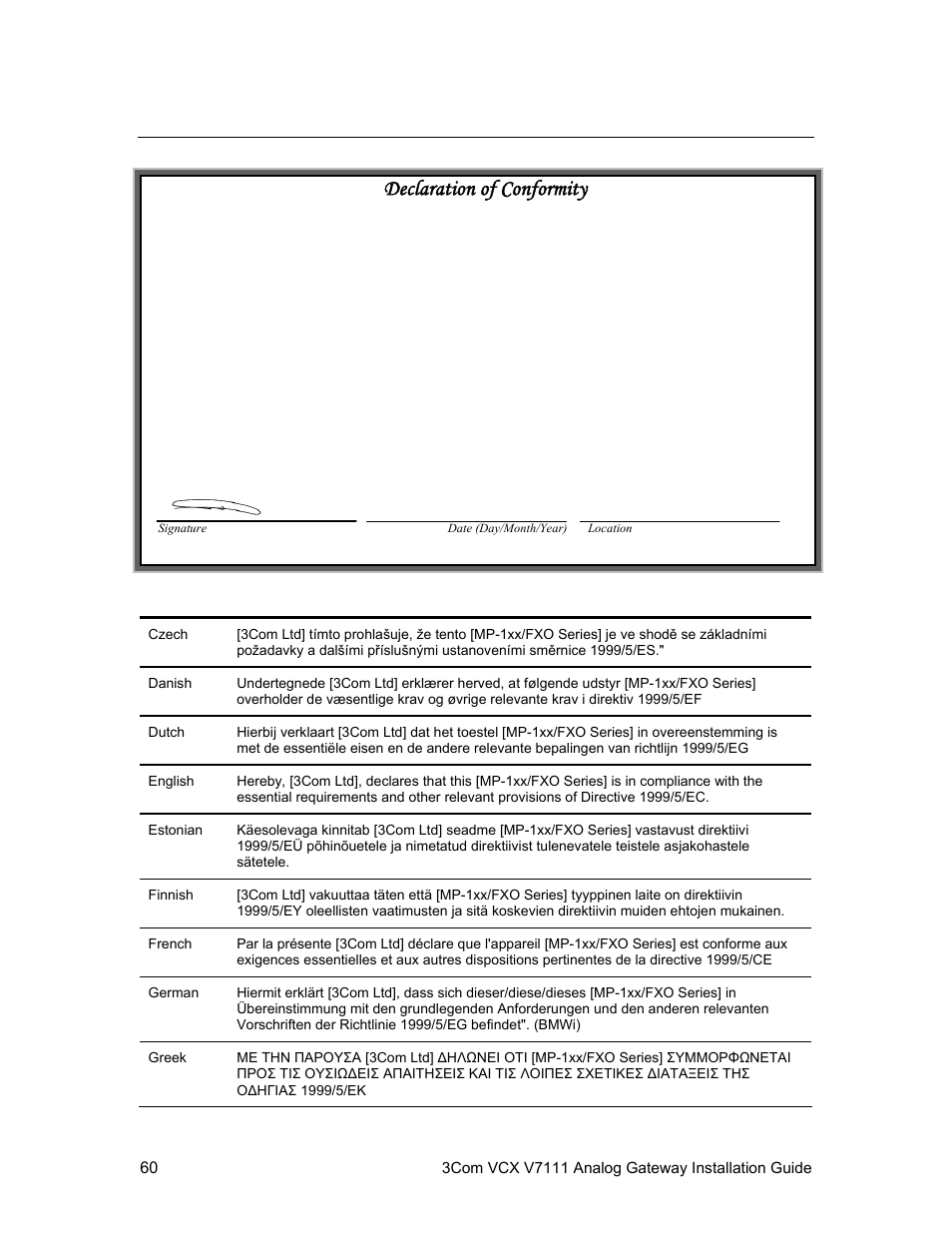 V7111 fxo regulatory information, Declaration of conformity | 3Com V7111 User Manual | Page 60 / 71