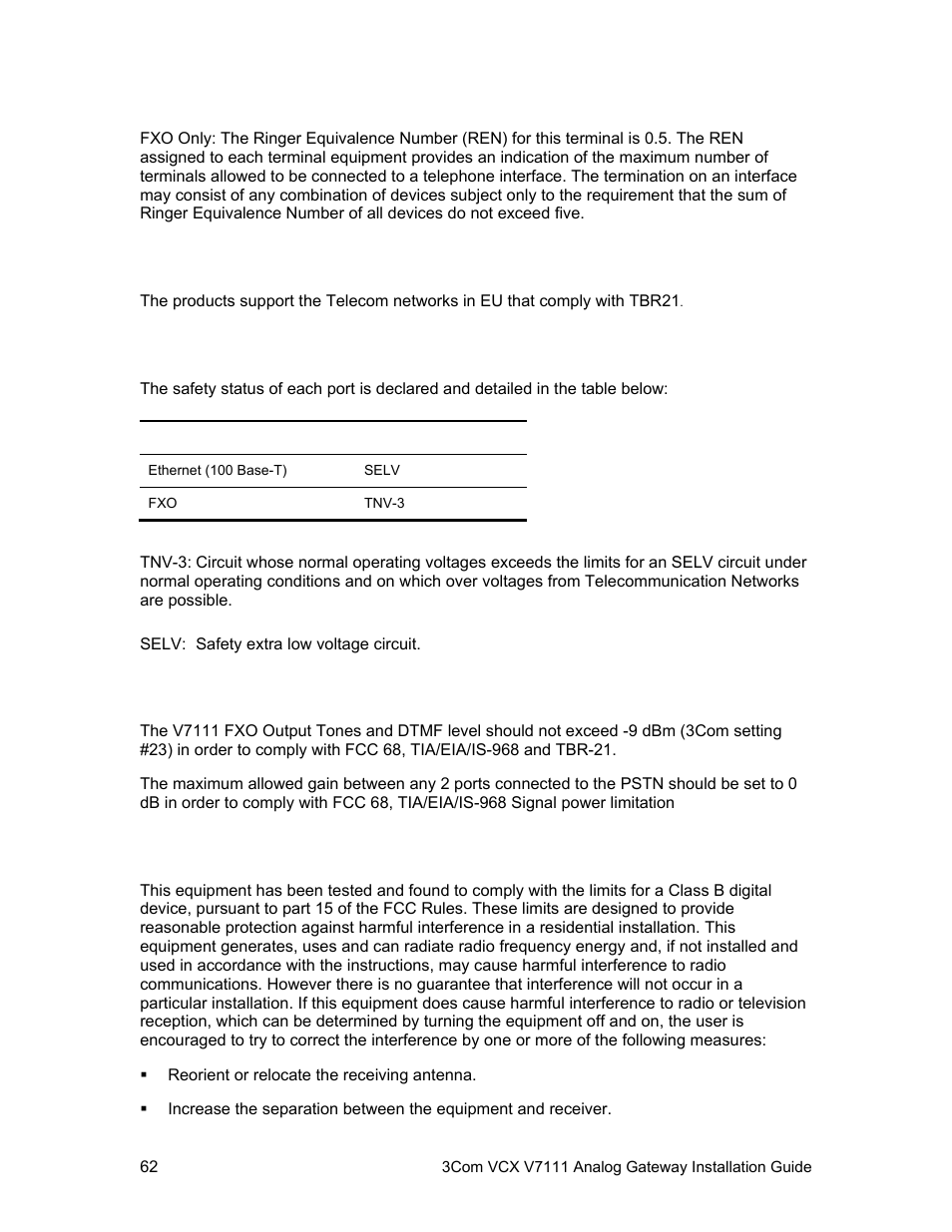 Network compatibility, Telecommunication safety, Mp-1xx fxo notice | Fcc statement | 3Com V7111 User Manual | Page 62 / 71