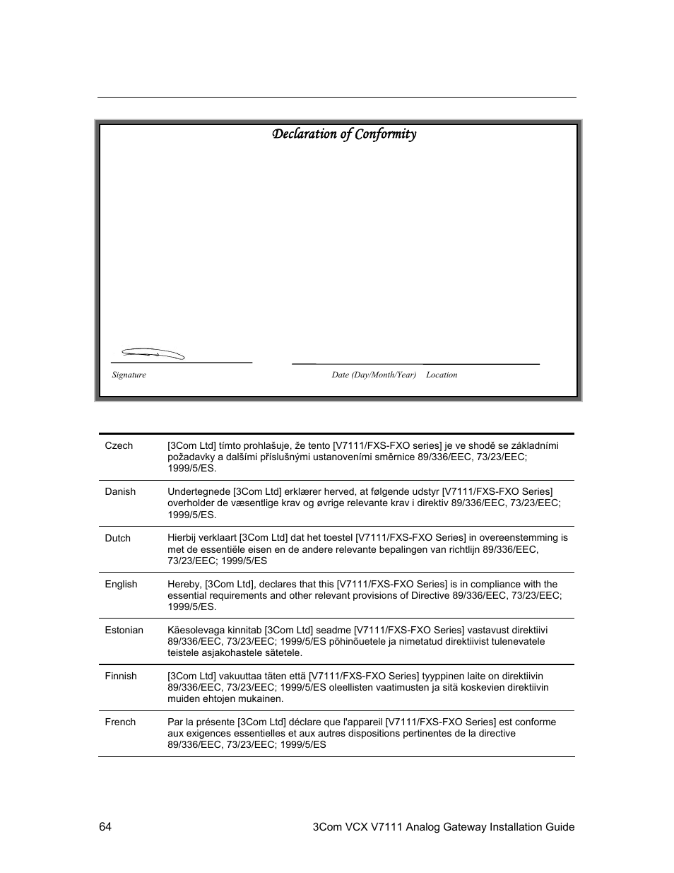 V7111 fxs +fxo regulatory information, Declaration of conformity | 3Com V7111 User Manual | Page 64 / 71