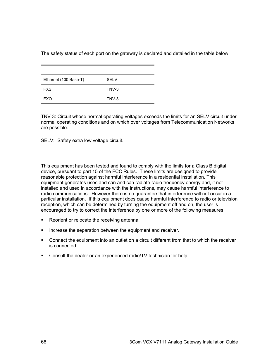Telecommunications safety, Fcc statement | 3Com V7111 User Manual | Page 66 / 71