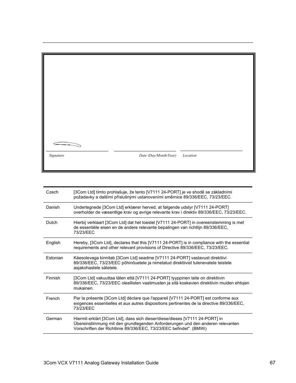 V7111 24-port, Declaration of conformity | 3Com V7111 User Manual | Page 67 / 71