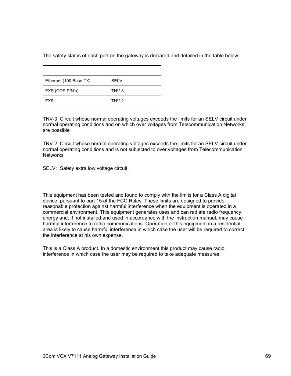 Telecommunication safety, Fcc statement | 3Com V7111 User Manual | Page 69 / 71