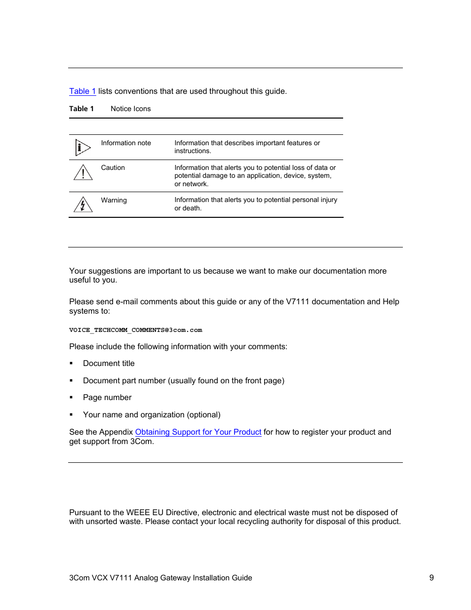 Conventions, Documentation comments, Notices | Weee eu directive | 3Com V7111 User Manual | Page 9 / 71