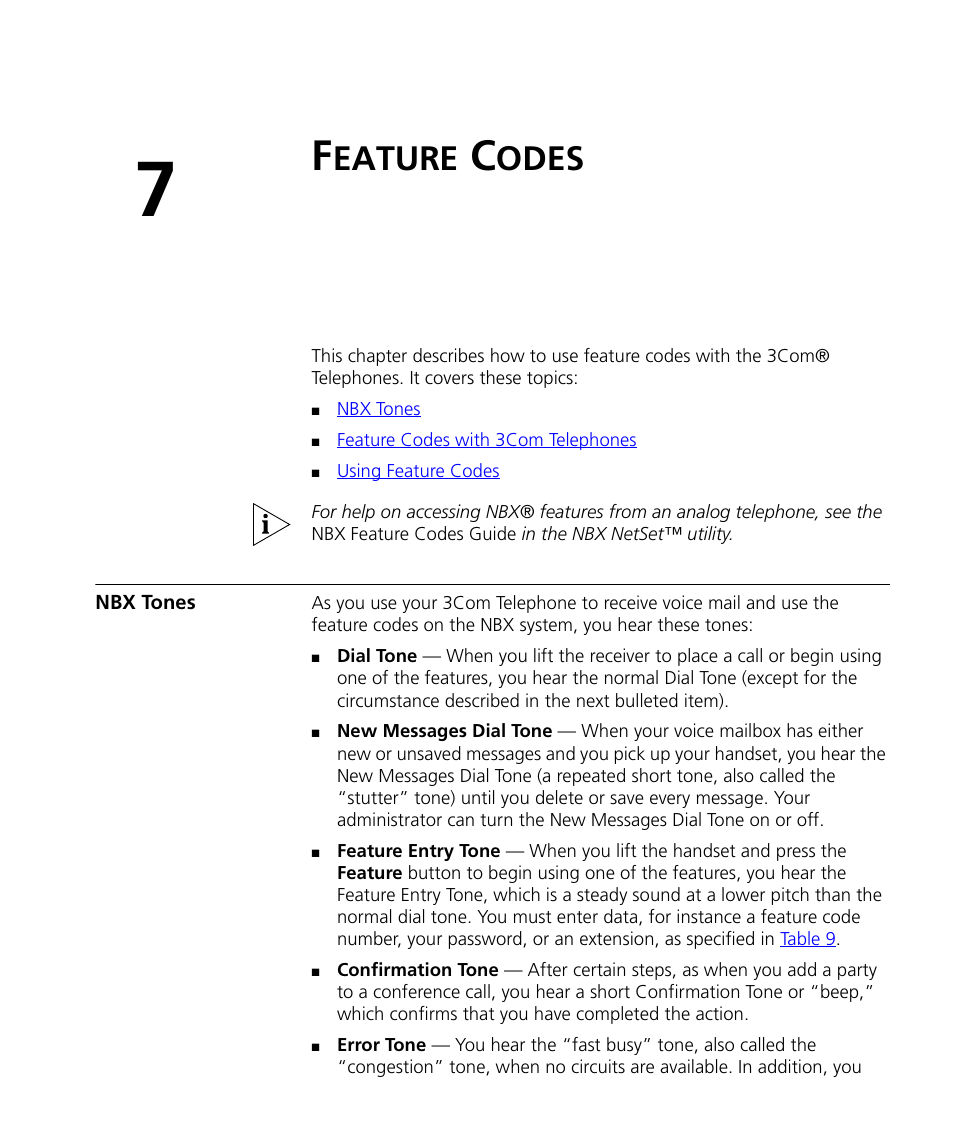 Feature codes, Nbx tones, Eature | Odes, Chapter 7 | 3Com NBX 900-0208 User Manual | Page 103 / 130