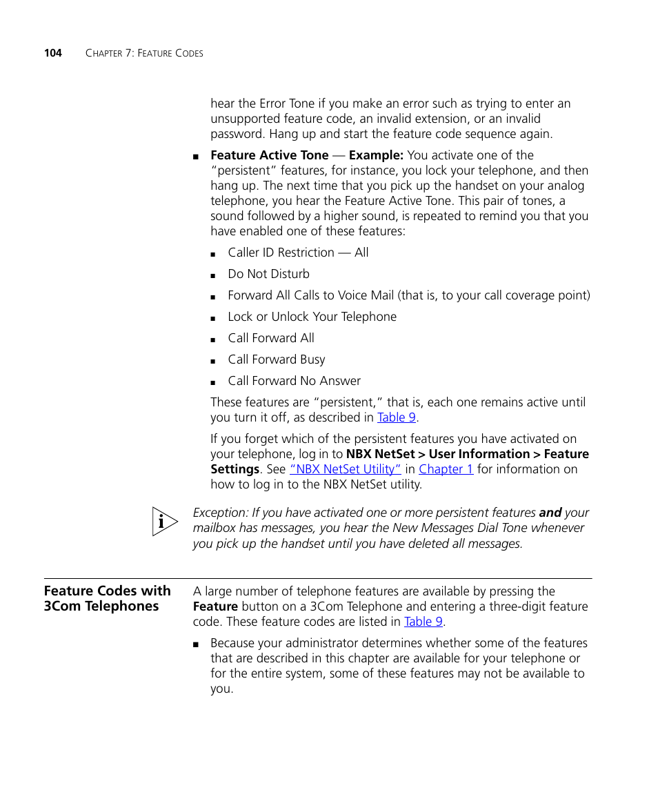 Feature codes with 3com telephones | 3Com NBX 900-0208 User Manual | Page 104 / 130