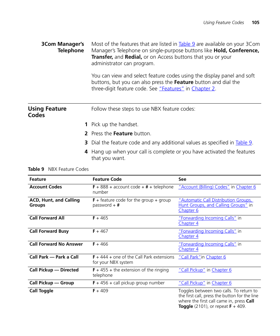 3com manager’s telephone, Using feature codes, On. see | Using, Feature codes, Table 9 | 3Com NBX 900-0208 User Manual | Page 105 / 130