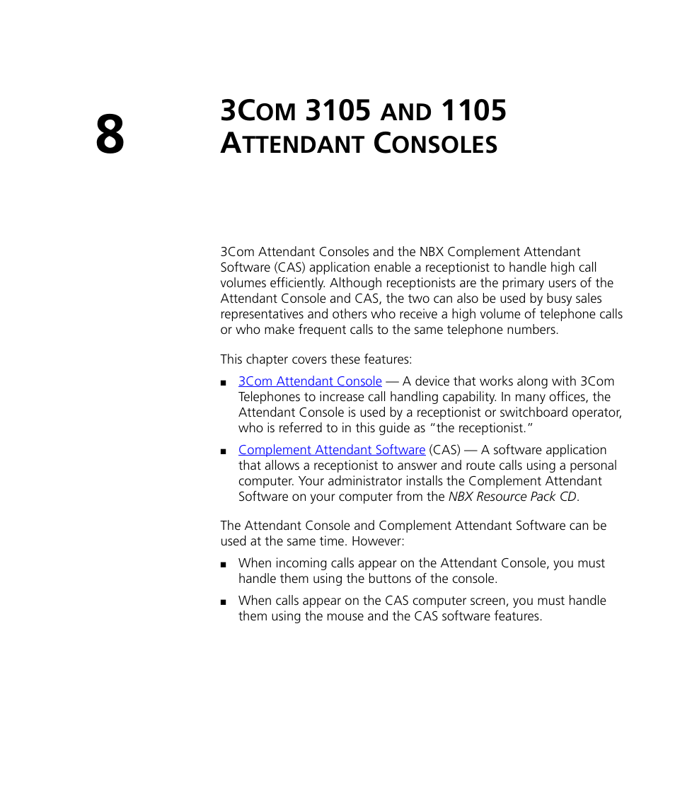 3com 3105 and 1105 attendant consoles, 1105 a, Ttendant | Onsoles, Chapter 8 | 3Com NBX 900-0208 User Manual | Page 109 / 130