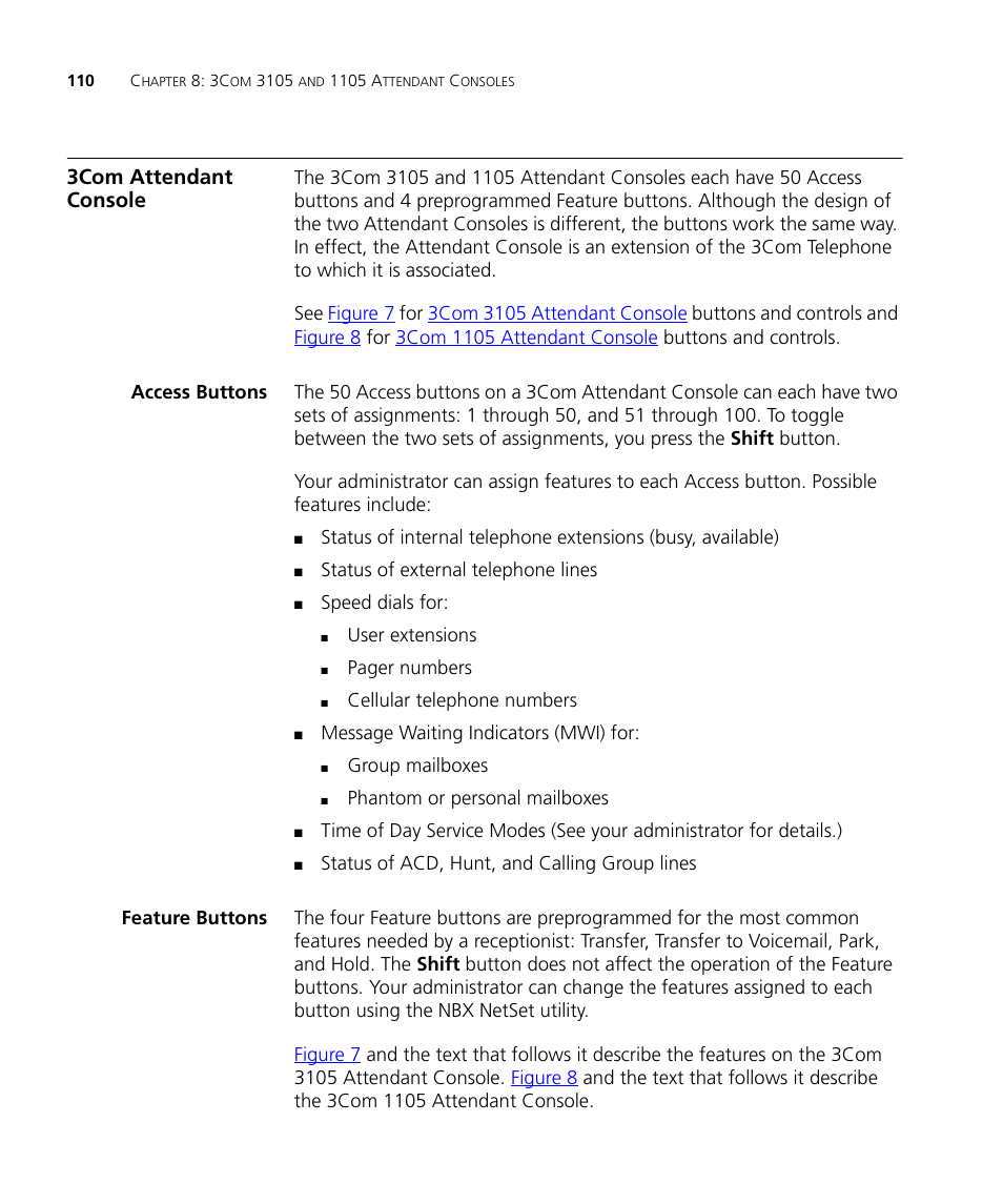3com attendant console, Access buttons, Feature buttons | 3Com NBX 900-0208 User Manual | Page 110 / 130