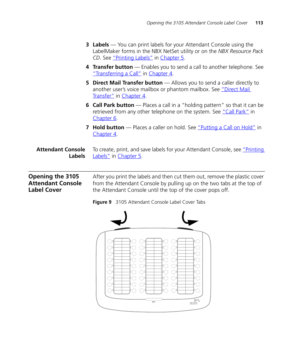 Attendant console labels, Opening the 3105 attendant console label cover | 3Com NBX 900-0208 User Manual | Page 113 / 130