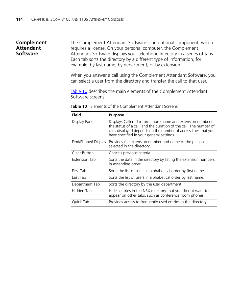 Complement attendant software | 3Com NBX 900-0208 User Manual | Page 114 / 130