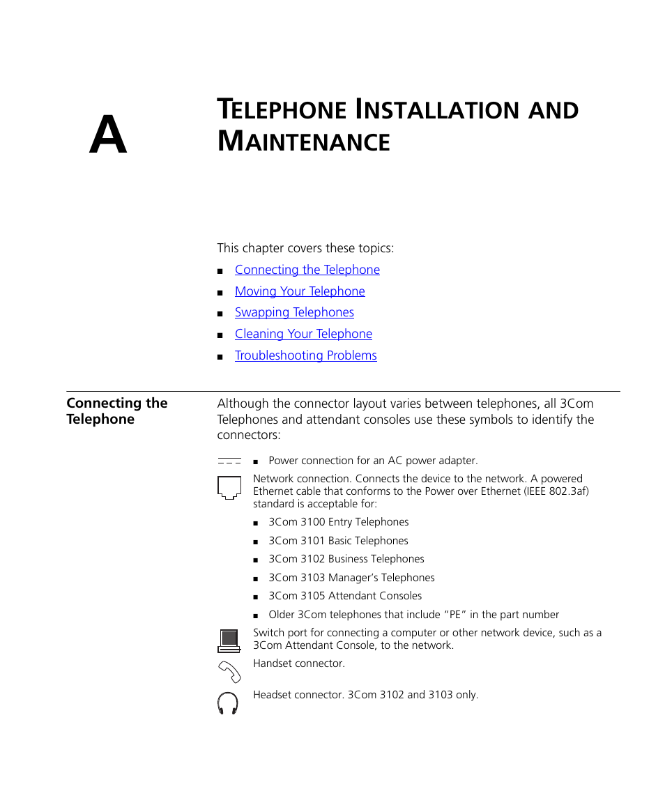 Telephone installation and maintenance, Connecting the telephone, Elephone | Nstallation, Aintenance, Appendix a | 3Com NBX 900-0208 User Manual | Page 117 / 130