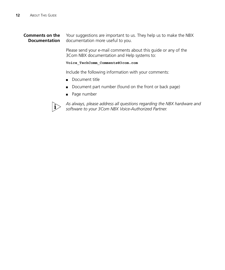 Comments on the documentation | 3Com NBX 900-0208 User Manual | Page 12 / 130
