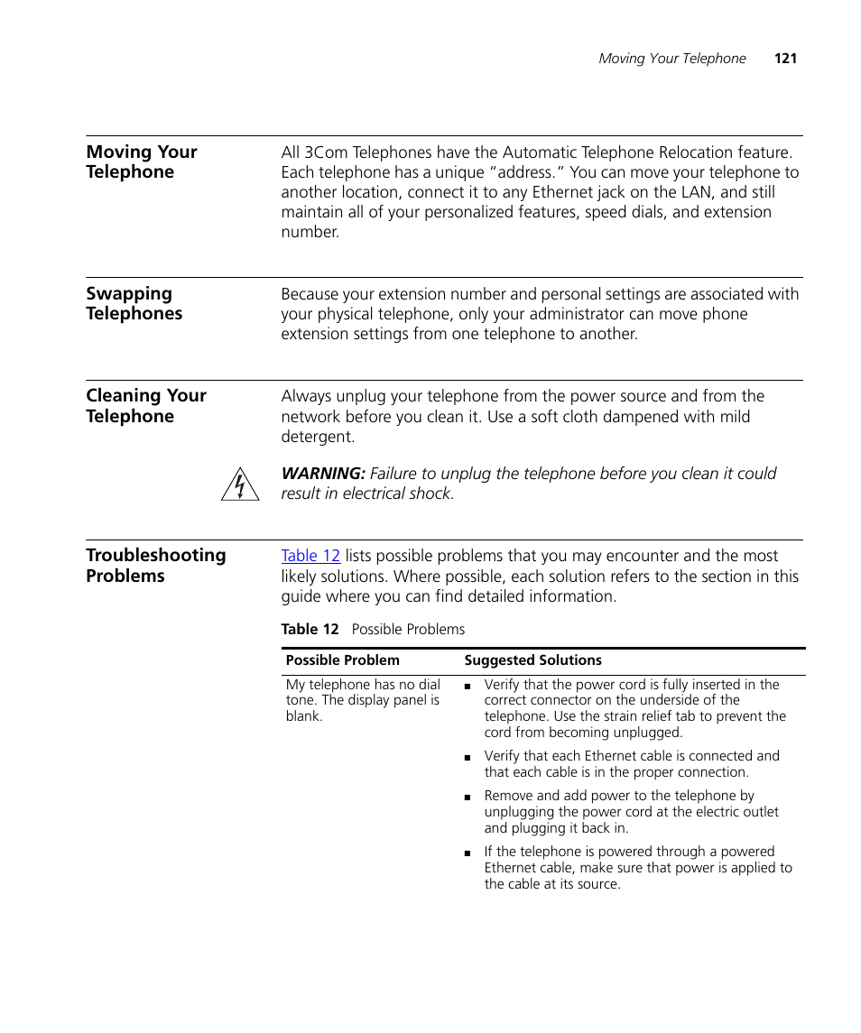Moving your telephone, Swapping telephones, Cleaning your telephone | Troubleshooting problems | 3Com NBX 900-0208 User Manual | Page 121 / 130