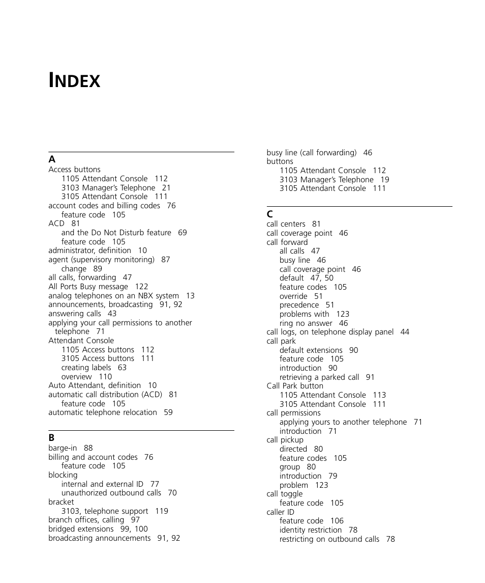 Index, Ndex | 3Com NBX 900-0208 User Manual | Page 125 / 130
