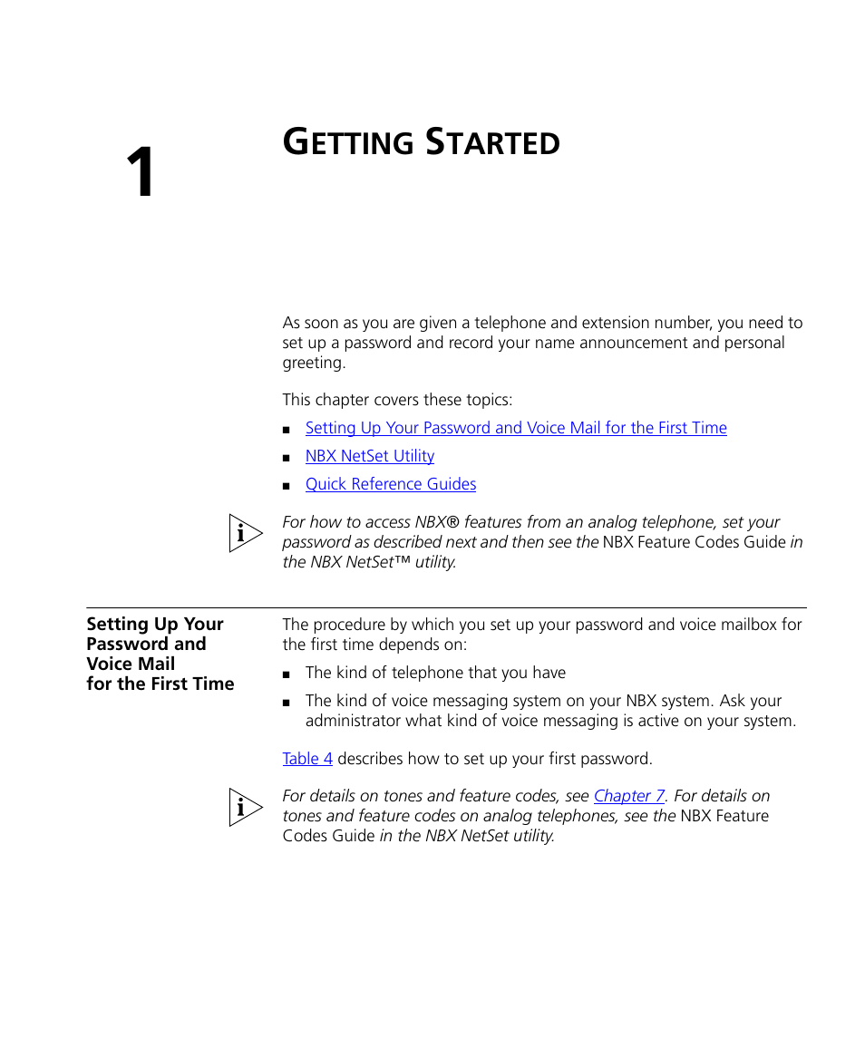Getting started, Etting, Tarted | Chapter 1 | 3Com NBX 900-0208 User Manual | Page 13 / 130