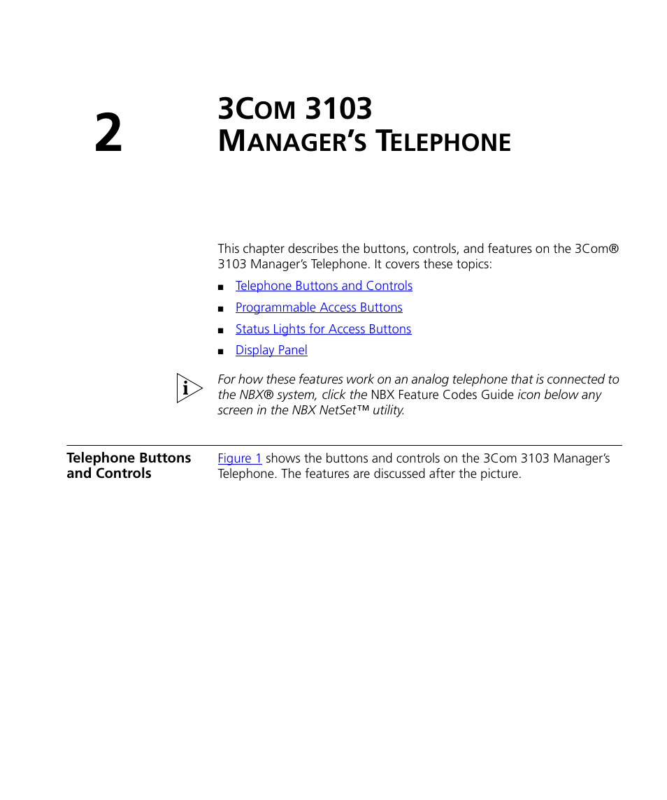 3com 3103 manager’s telephone, Telephone buttons and controls, 3103 m | Anager, Elephone, Chapter 2 | 3Com NBX 900-0208 User Manual | Page 19 / 130