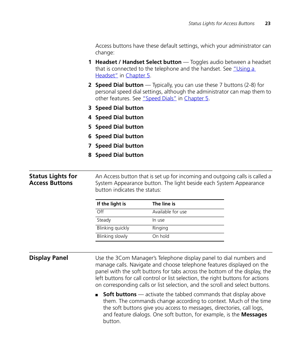 Status lights for access buttons, Display panel | 3Com NBX 900-0208 User Manual | Page 23 / 130