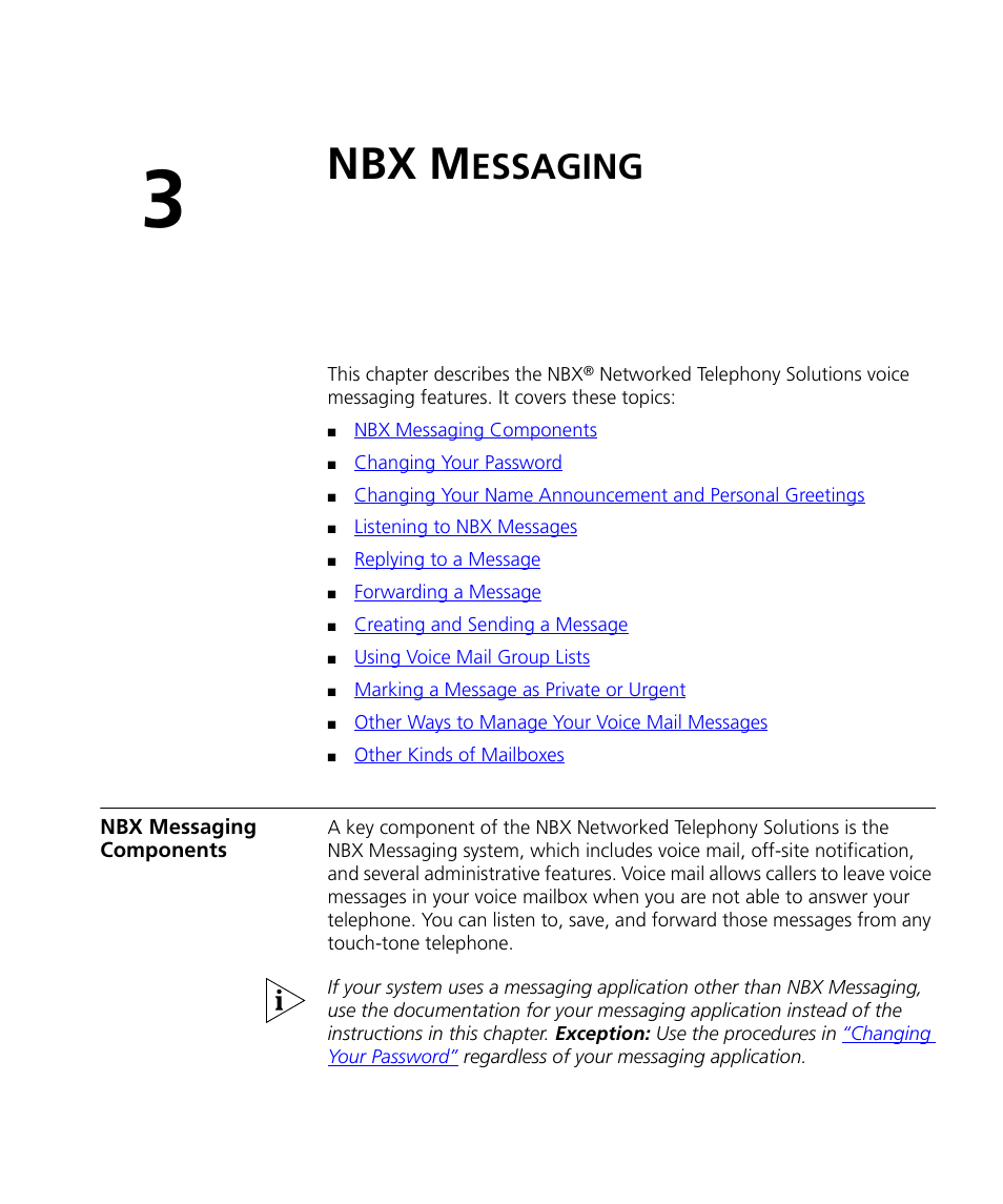 Nbx messaging, Nbx messaging components, Nbx m | Essaging, Chapter 3 | 3Com NBX 900-0208 User Manual | Page 27 / 130