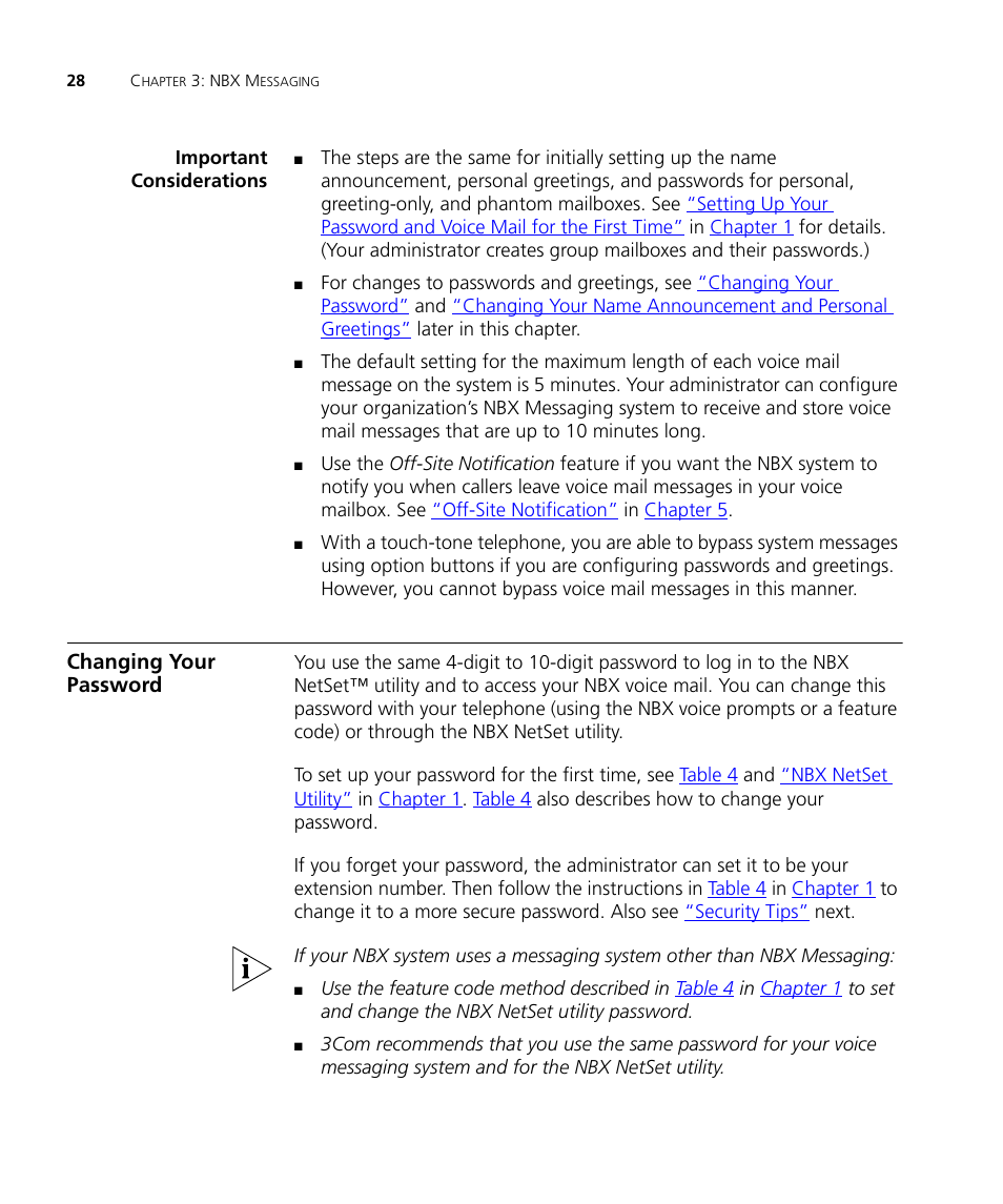 Important considerations, Changing your password, Ures in | Changing, Your password | 3Com NBX 900-0208 User Manual | Page 28 / 130