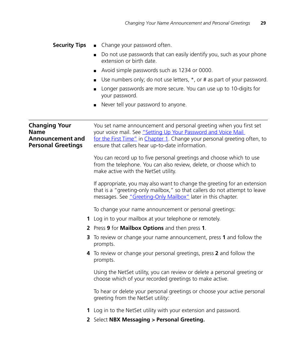 Security tips, Is active. see, Changing your | Name announcement and personal greetings, Changing your name announcement and personal, Greetings, Next | 3Com NBX 900-0208 User Manual | Page 29 / 130