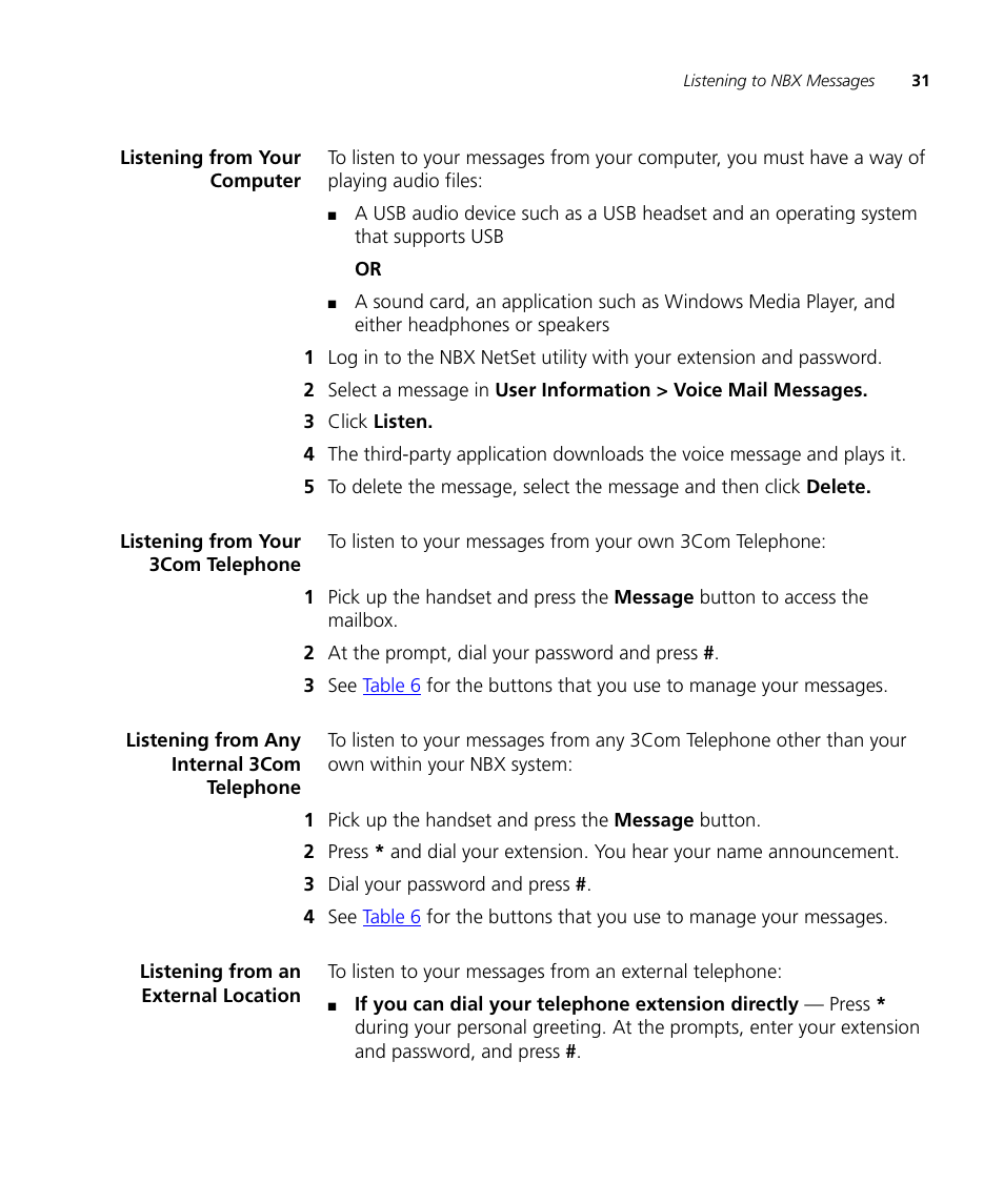 Listening from your computer, Listening from your 3com telephone, Listening from any internal 3com telephone | Listening from an external location | 3Com NBX 900-0208 User Manual | Page 31 / 130
