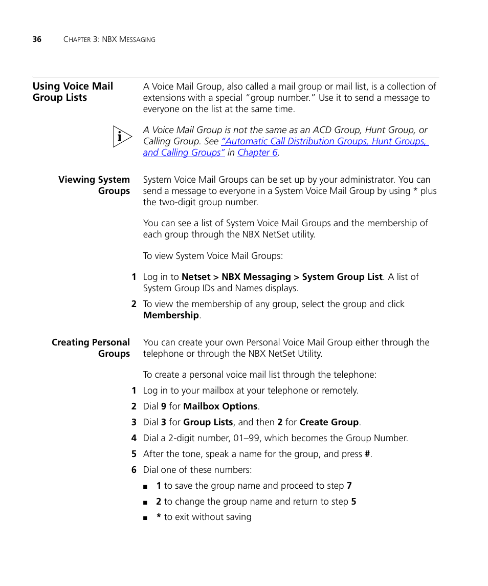 Using voice mail group lists, Viewing system groups, Creating personal groups | 3Com NBX 900-0208 User Manual | Page 36 / 130