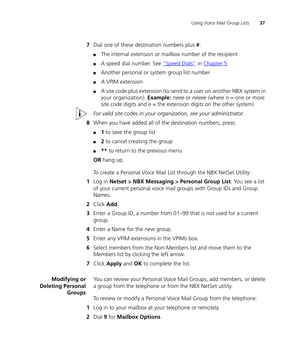 Modifying or deleting personal groups | 3Com NBX 900-0208 User Manual | Page 37 / 130