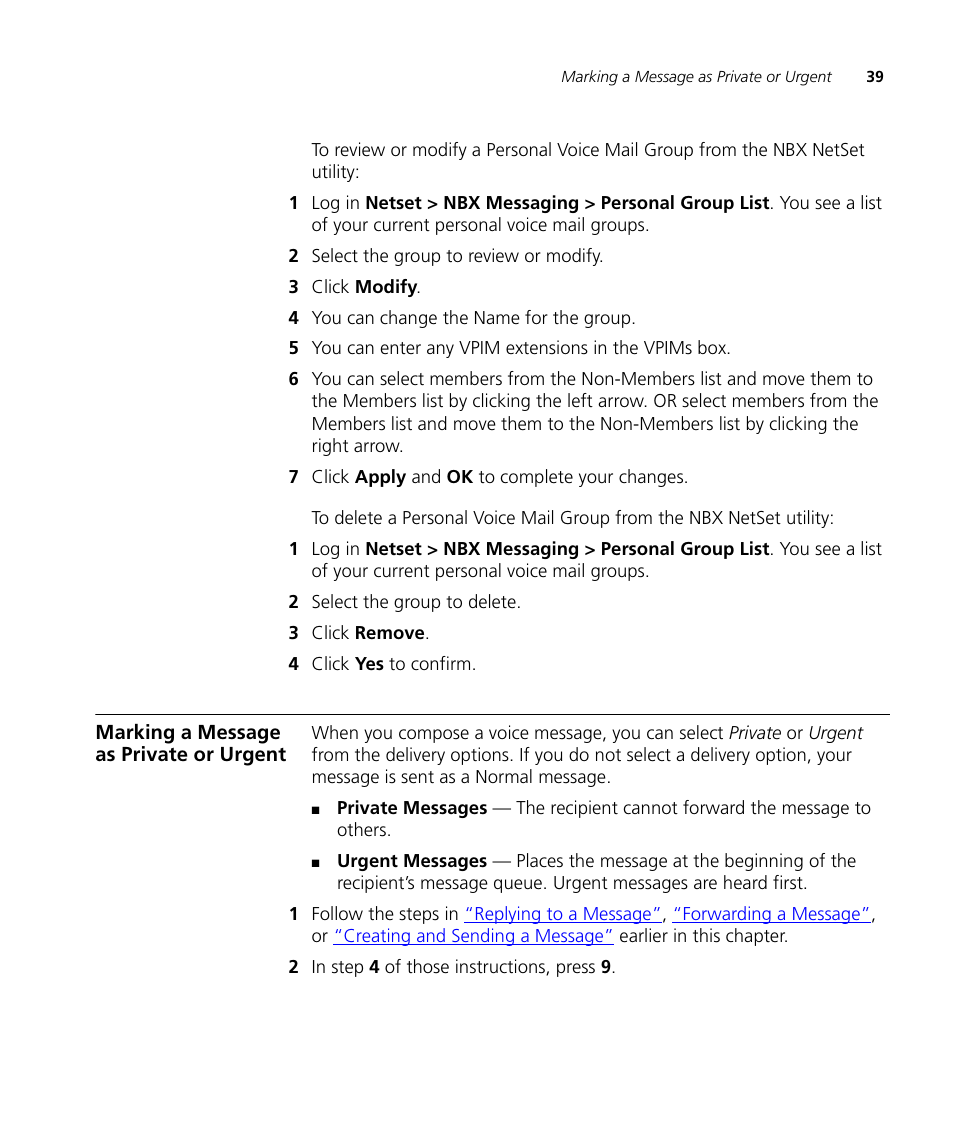 Marking a message as private or urgent, Marking a, Message as private or urgent | 3Com NBX 900-0208 User Manual | Page 39 / 130
