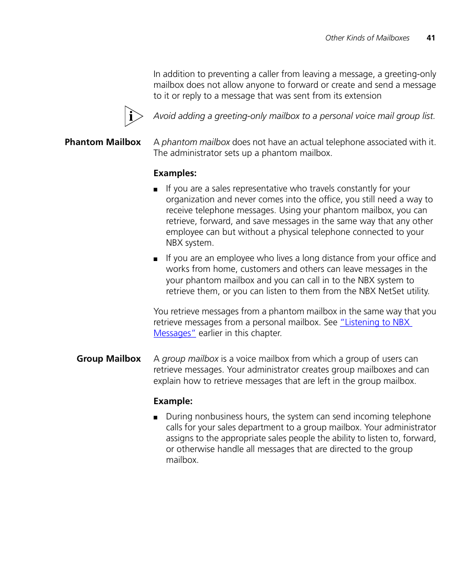 Phantom mailbox, Group mailbox | 3Com NBX 900-0208 User Manual | Page 41 / 130