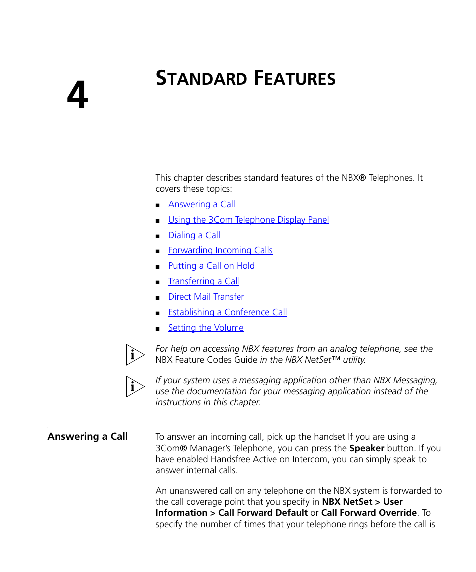 Standard features, Answering a call, Tandard | Eatures, Chapter 4, The left | 3Com NBX 900-0208 User Manual | Page 43 / 130