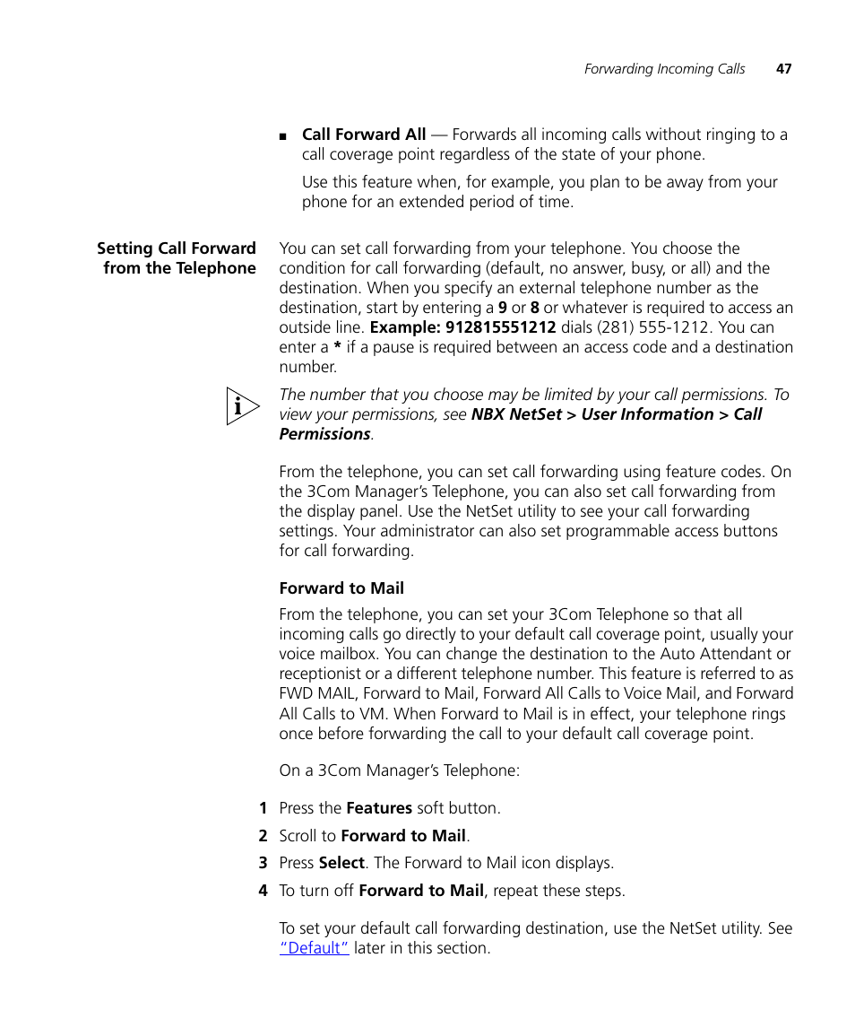 Setting call forward from the telephone | 3Com NBX 900-0208 User Manual | Page 47 / 130
