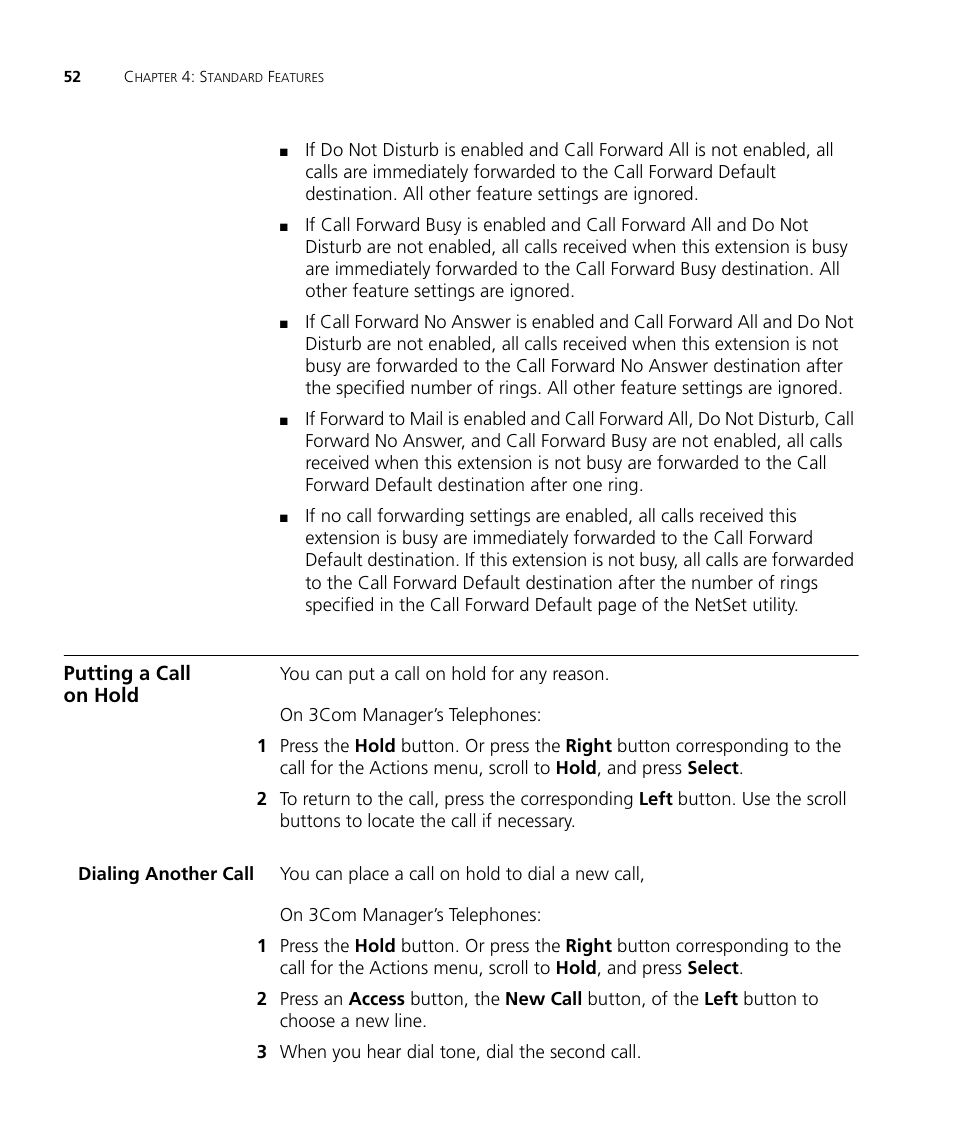 Putting a call on hold, Dialing another call | 3Com NBX 900-0208 User Manual | Page 52 / 130