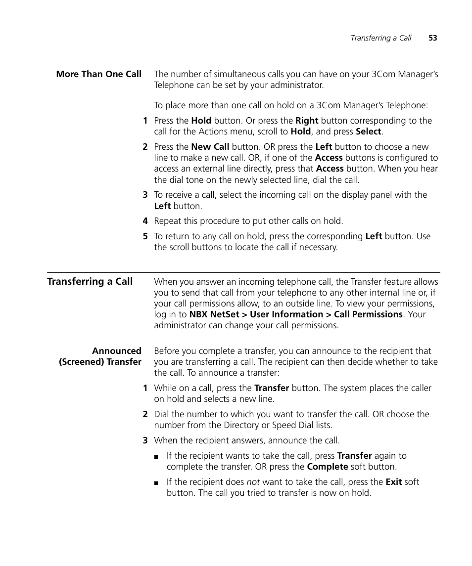 More than one call, Transferring a call, Announced (screened) transfer | 3Com NBX 900-0208 User Manual | Page 53 / 130