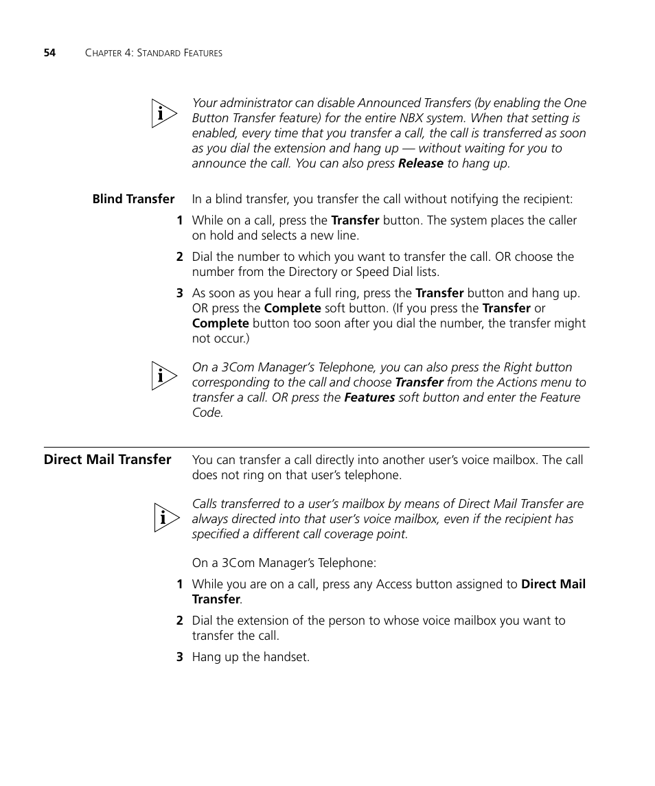 Blind transfer, Direct mail transfer | 3Com NBX 900-0208 User Manual | Page 54 / 130