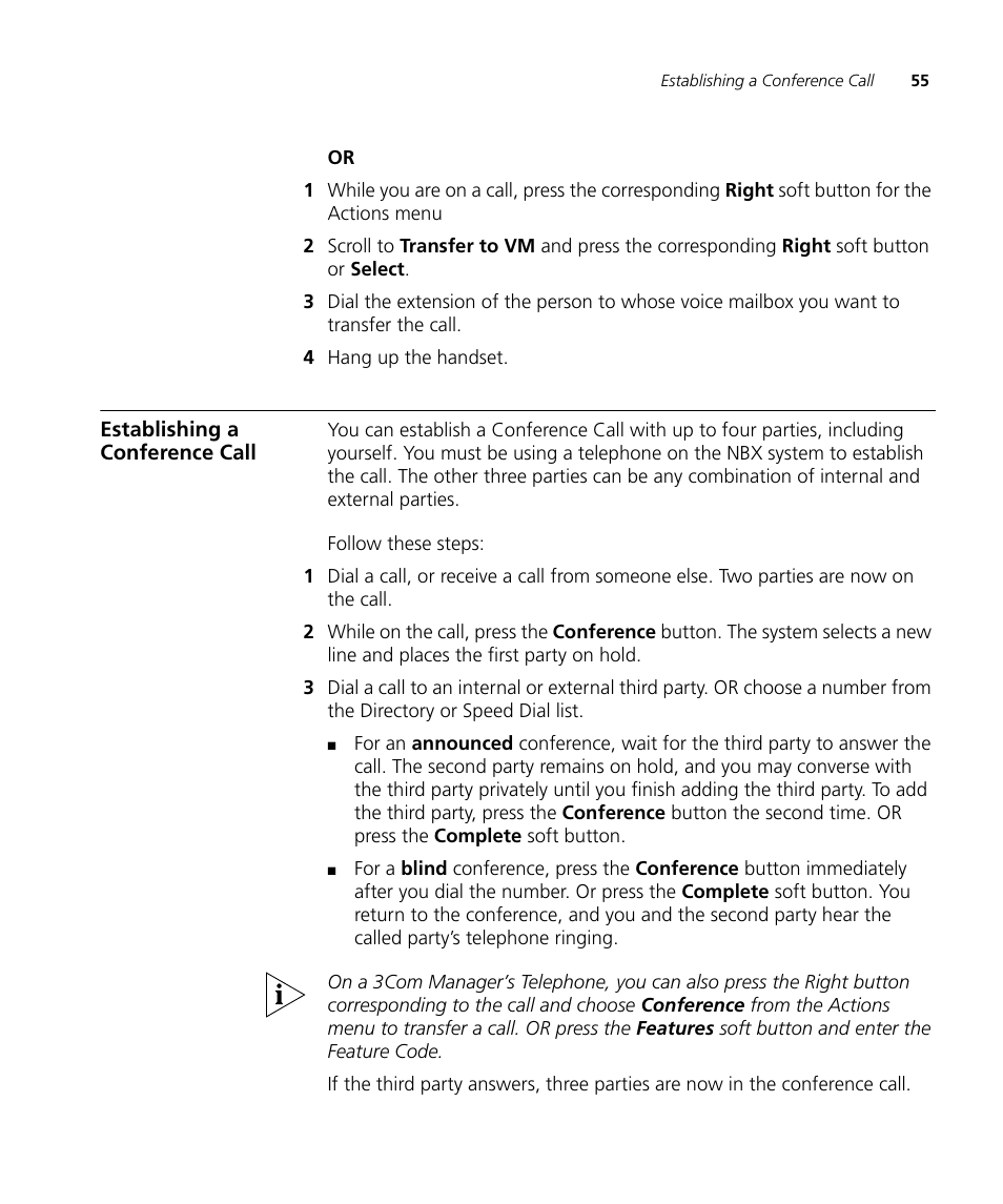 Establishing a conference call, Establishing a, Conference call | 3Com NBX 900-0208 User Manual | Page 55 / 130