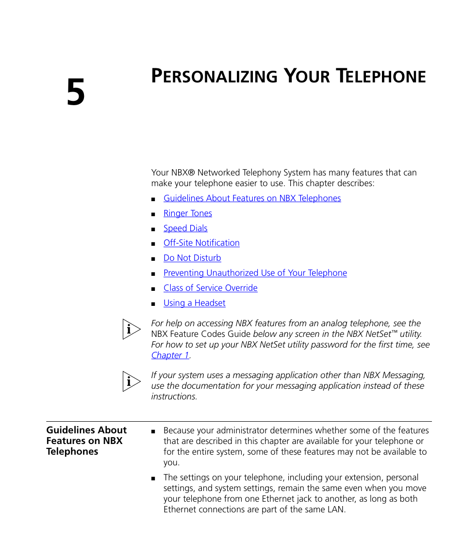 Personalizing your telephone, Guidelines about features on nbx telephones, Ersonalizing | Elephone, Chapter 5 | 3Com NBX 900-0208 User Manual | Page 59 / 130