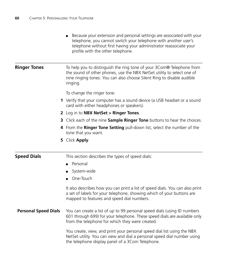 Ringer tones, Speed dials, Personal speed dials | 3Com NBX 900-0208 User Manual | Page 60 / 130