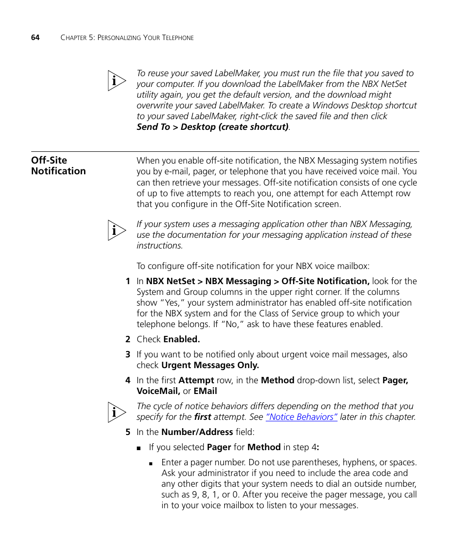 Off-site notification, Chapter 5 | 3Com NBX 900-0208 User Manual | Page 64 / 130