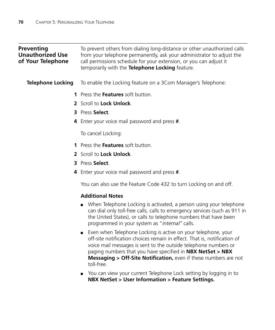Preventing unauthorized use of your telephone, Telephone locking, Later in | 3Com NBX 900-0208 User Manual | Page 70 / 130