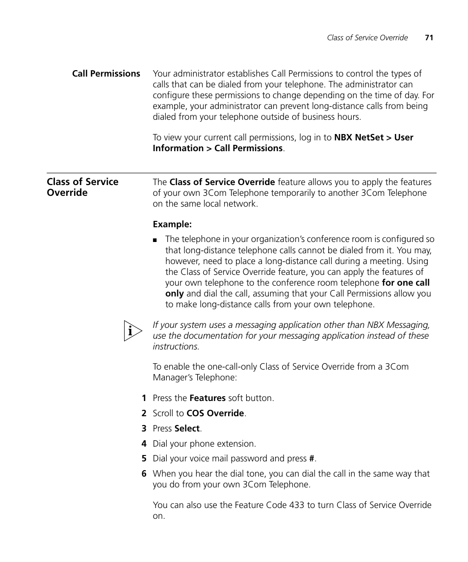 Call permissions, Class of service override | 3Com NBX 900-0208 User Manual | Page 71 / 130