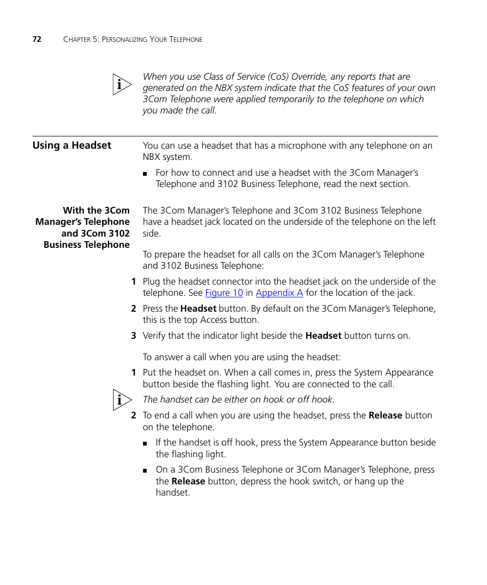 Using a headset, Using a, Headset | Chapter 5 | 3Com NBX 900-0208 User Manual | Page 72 / 130