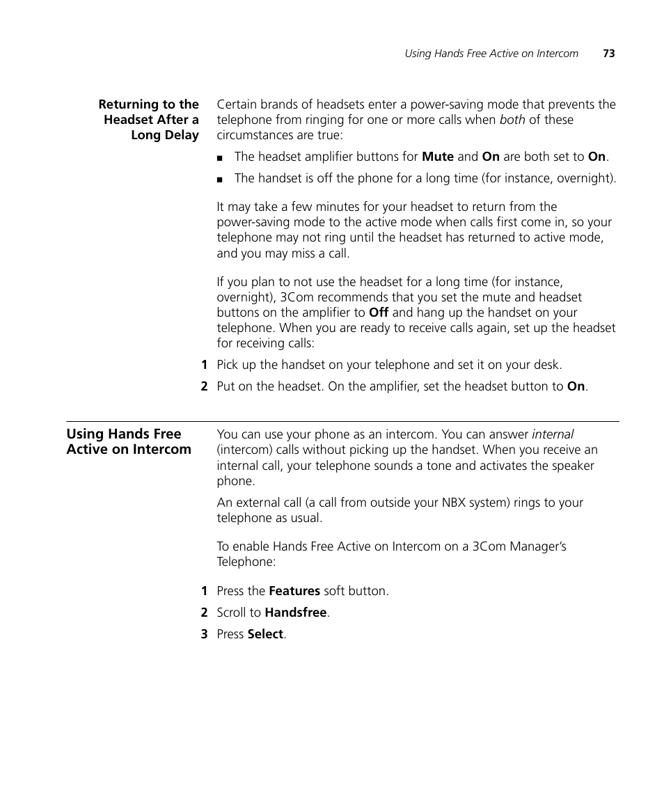 Returning to the headset after a long delay, Using hands free active on intercom | 3Com NBX 900-0208 User Manual | Page 73 / 130