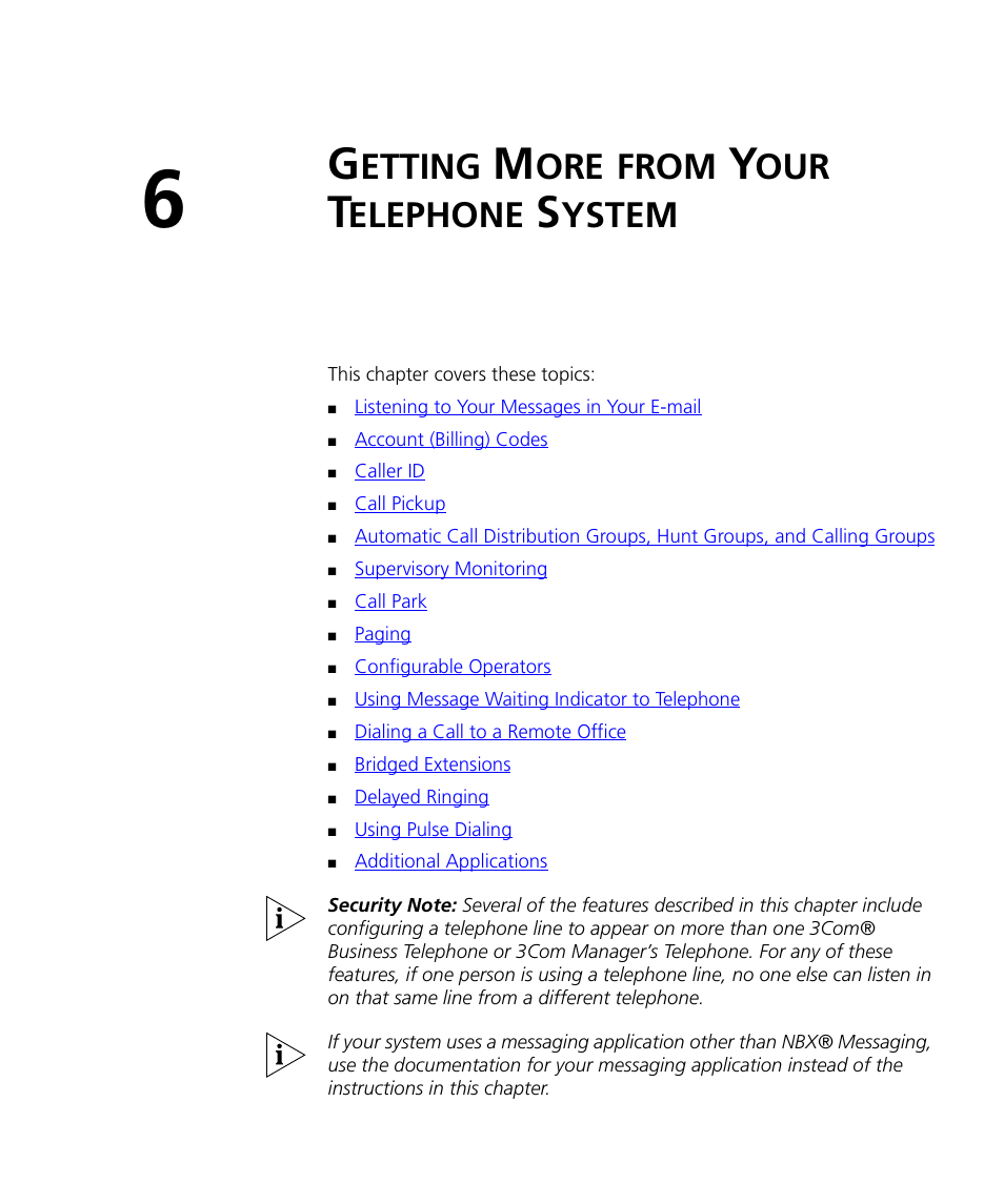 Getting more from your telephone system, Etting, From | Elephone, Ystem, Chapter 6 | 3Com NBX 900-0208 User Manual | Page 75 / 130