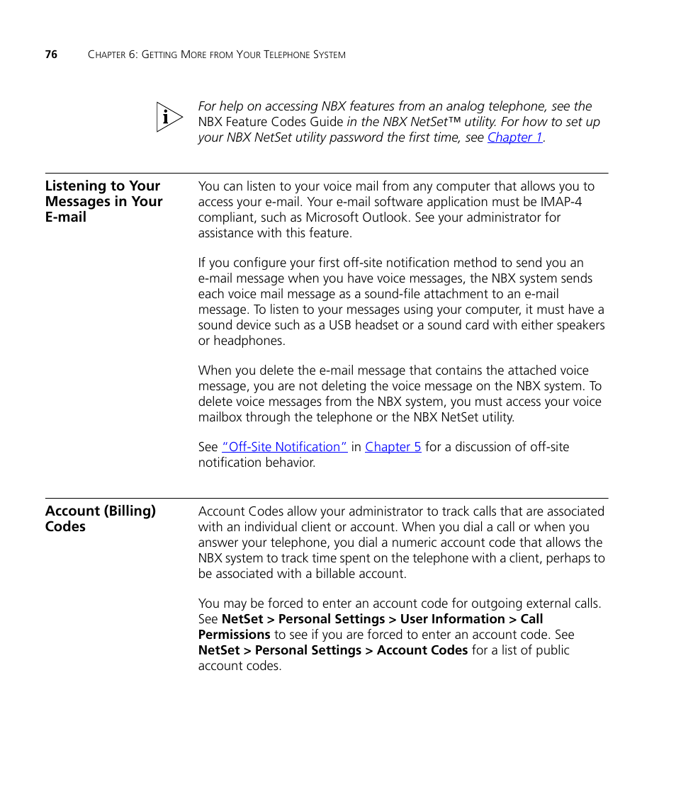 Listening to your messages in your e-mail, Account (billing) codes, Listening to your messages in your | E-mail | 3Com NBX 900-0208 User Manual | Page 76 / 130