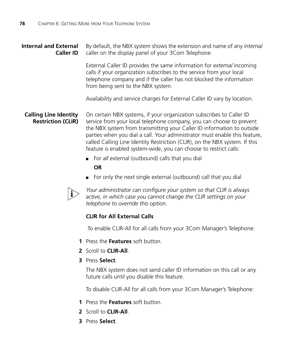 Internal and external caller id, Calling line identity restriction (clir) | 3Com NBX 900-0208 User Manual | Page 78 / 130