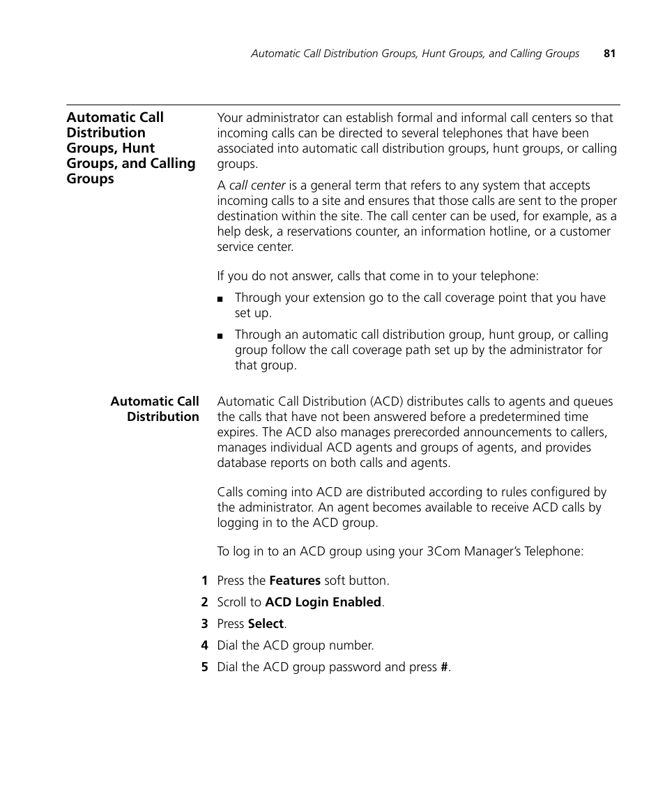 Automatic call distribution, Oup. see, Automatic call distribution groups, hunt groups | And calling groups, Chapter 6, Groups, hunt groups, and calling groups | 3Com NBX 900-0208 User Manual | Page 81 / 130