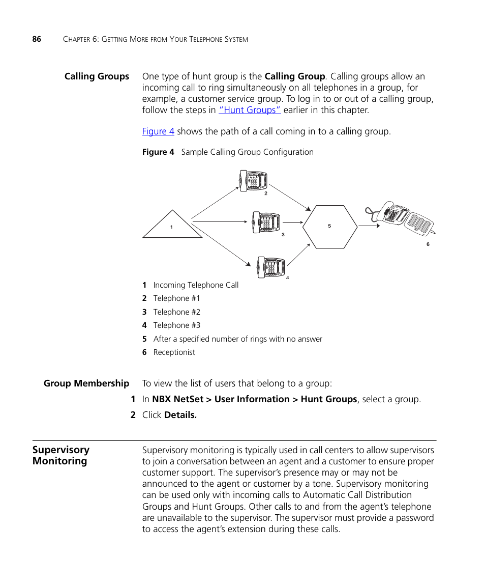 Calling groups, Group membership, Supervisory monitoring | 3Com NBX 900-0208 User Manual | Page 86 / 130