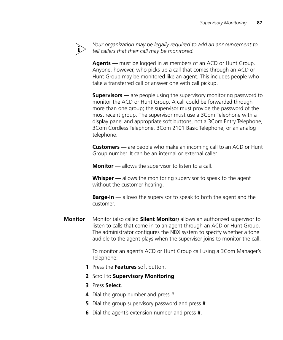 Monitor | 3Com NBX 900-0208 User Manual | Page 87 / 130