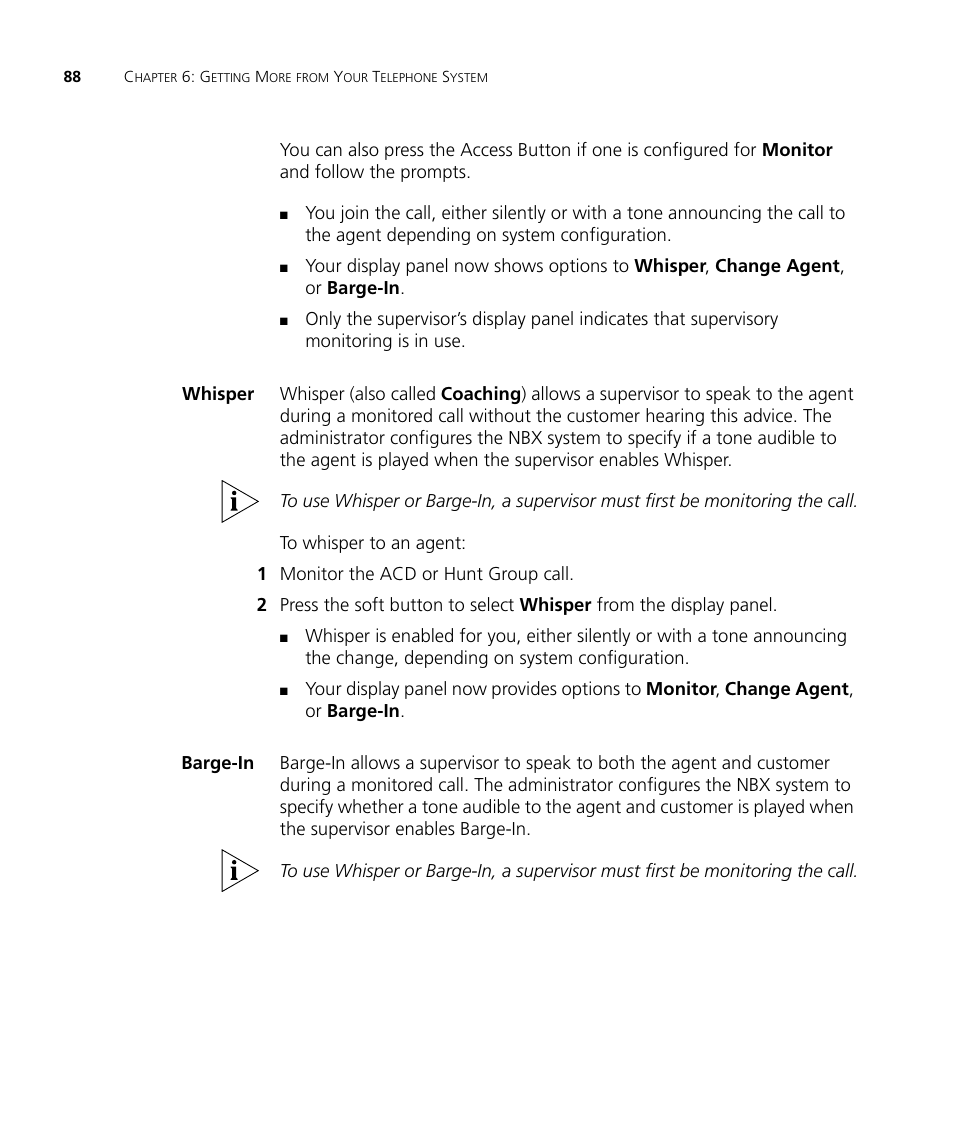 Whisper, Barge-in | 3Com NBX 900-0208 User Manual | Page 88 / 130